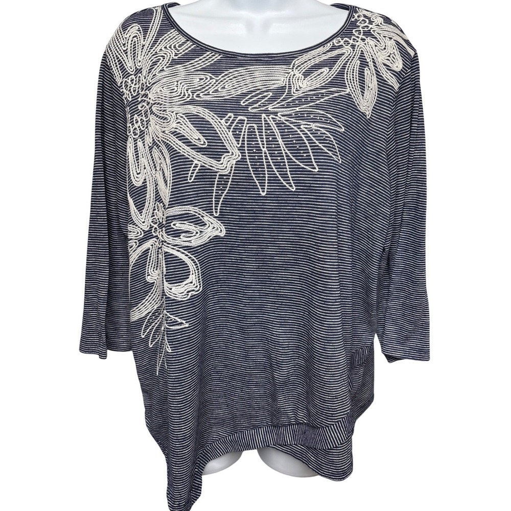 ALFRED DUNNER Woman Blue Striped Floral Embroidered Top 1X Chic Nautical Preppy